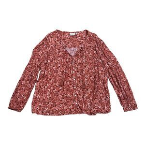 Wonderly Rust Orange Floral Rayon Prairie Tassel Blouse XXL